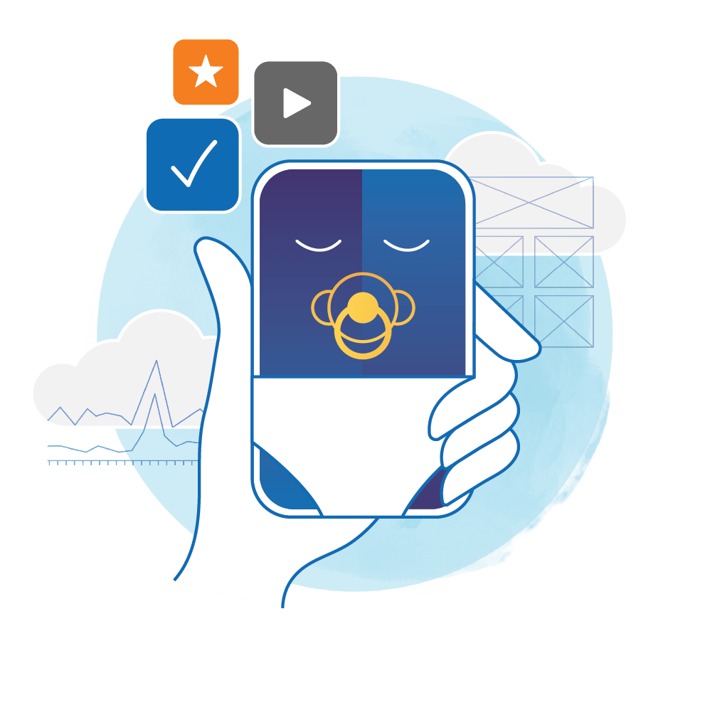 Artist rendering of an illustrated hand holding a phone decorated with sleepy eyes, a pacifier, and a diaper to signify a brand new software application.